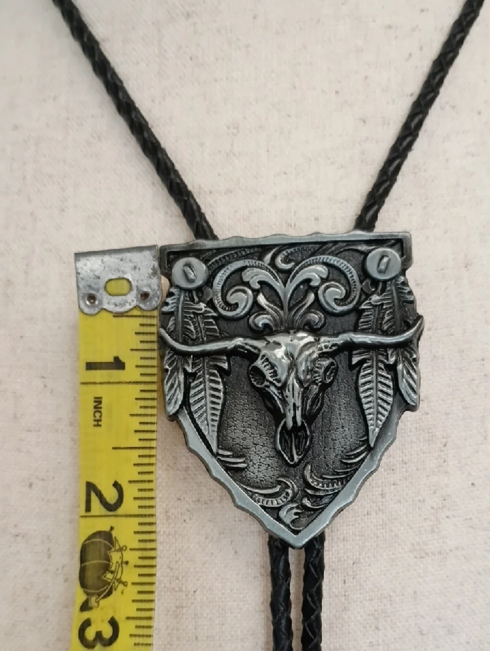 Western Bolo Tie Necklace Ornate Silver Shield Black Cord Vintage Style